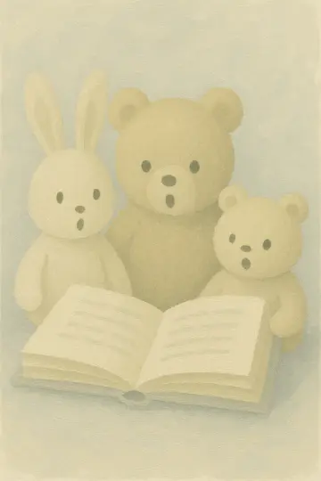 Three plushes reading a story from an open book.